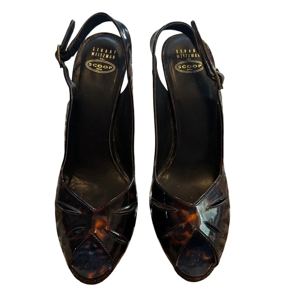 Stuart‎ Weitzman Scoop NYC Tortoise Patent Leather Platform Slingback Heels 8